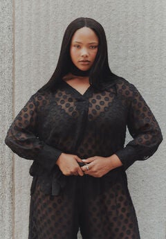 Sheer Polka Dot Blouse With Neck Tie
