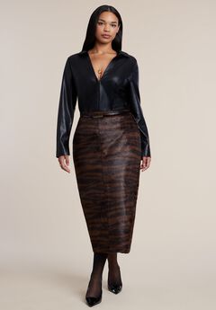 Faux Pony Hair Column Midi Skirt