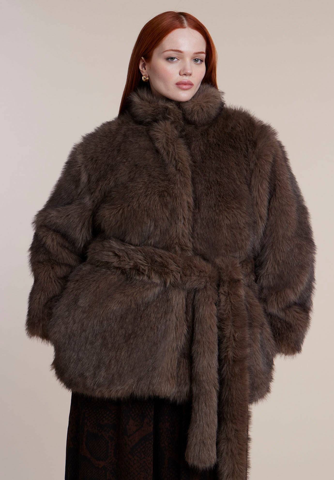 Belted Faux Fur Jacket, BROWN, on-hover image number 1