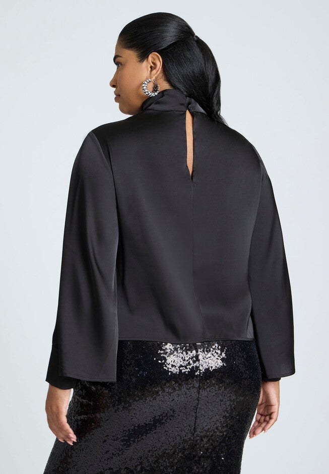 Cuffed Kimono Sleeve Mockneck Blouse, BLACK ONYX, on-hover image number null