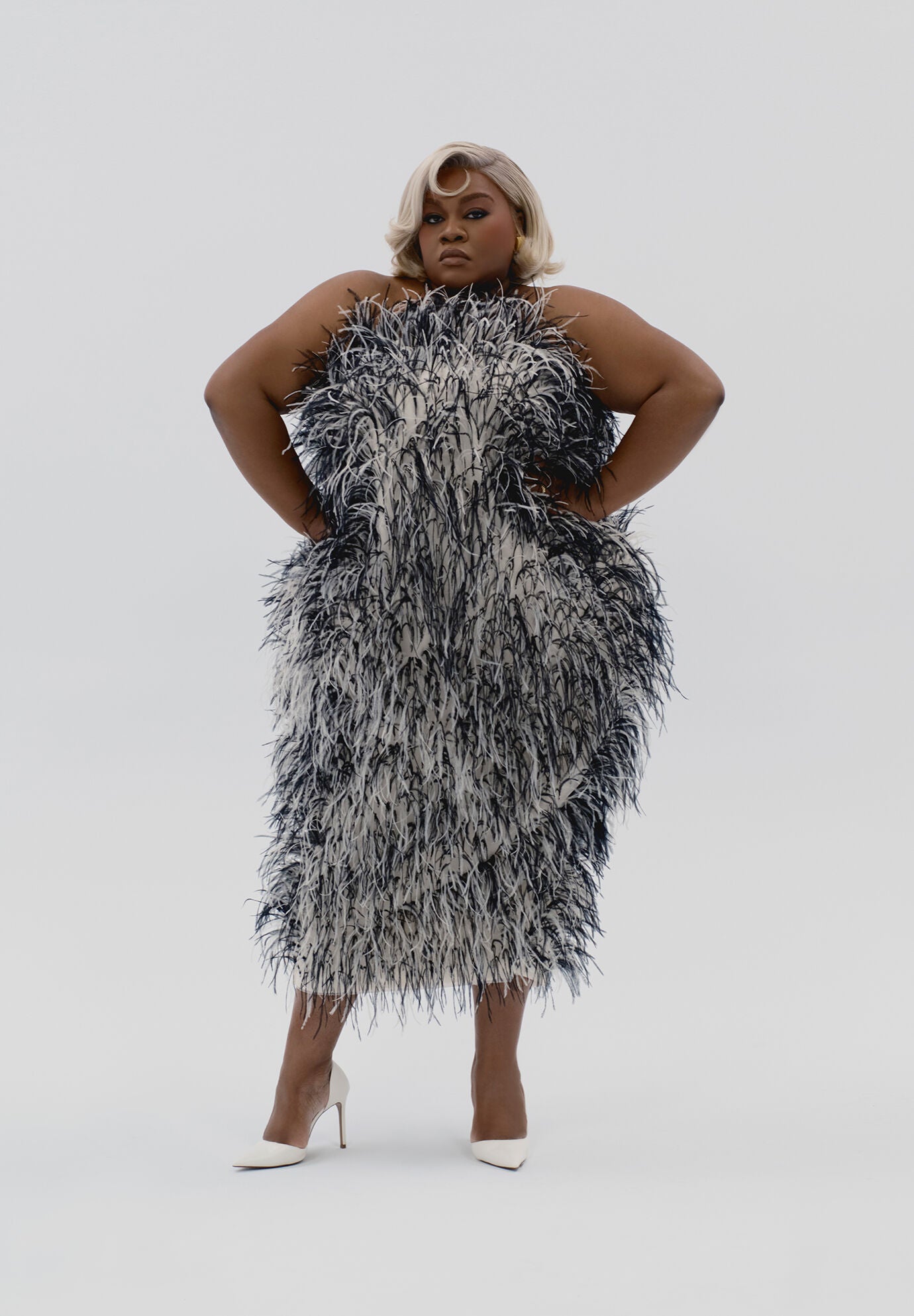 Ostrich Feather Strapless Maxi Dress, BLACK AND CREAM, alternate image number 3