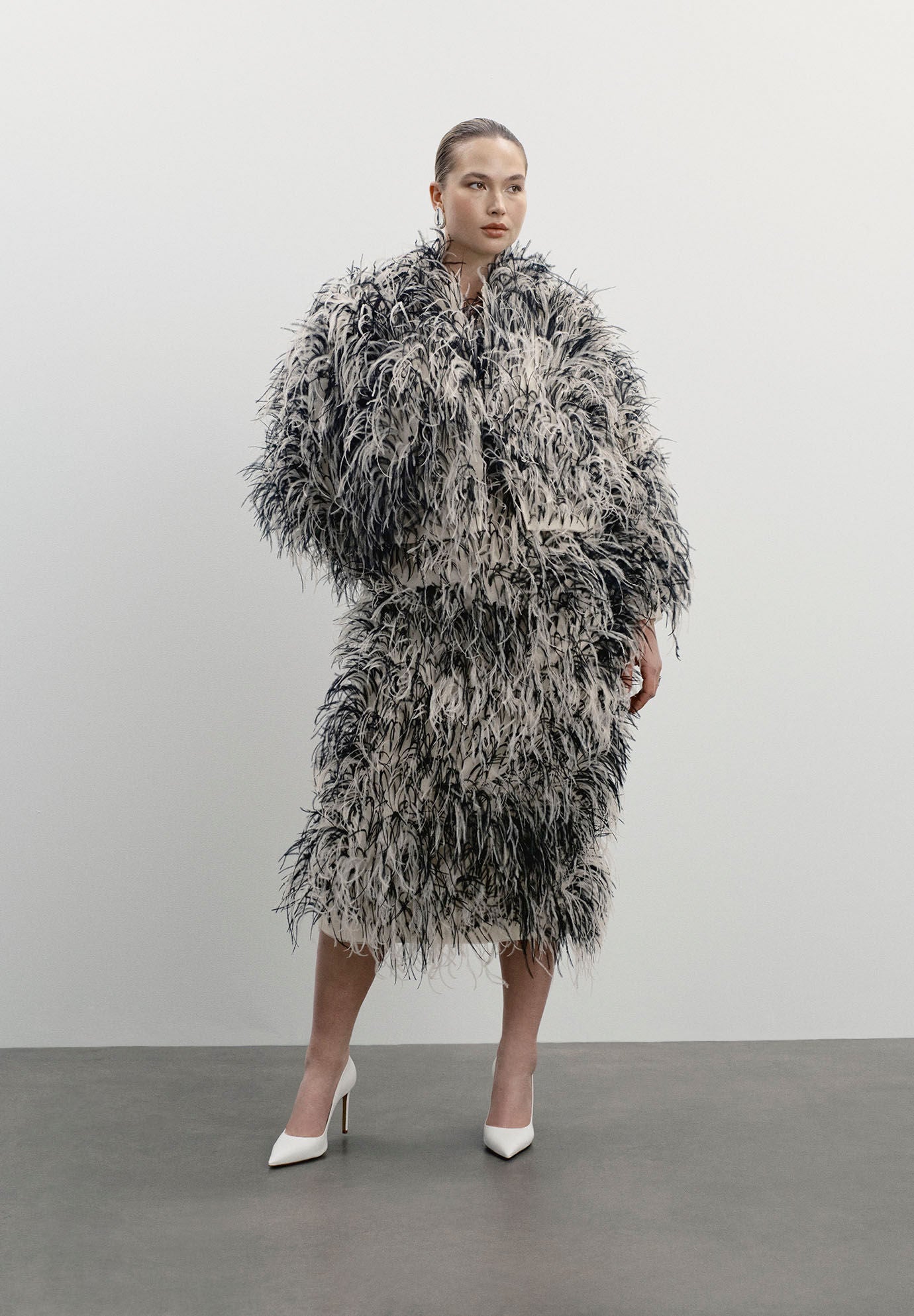 Ostrich Feather Strapless Maxi Dress, BLACK AND CREAM, on-hover image number 1