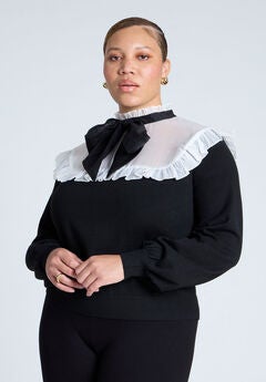 Sheer Yoke Sweater With Tie Neck