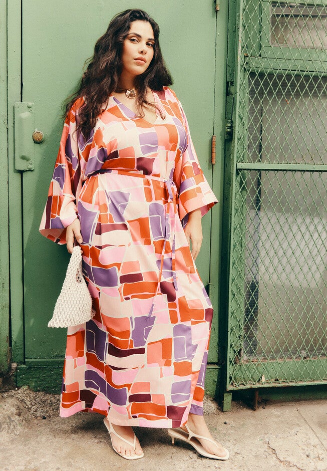Printed Kimono Dress With Tie, GAIA TILE, hi-res image number null