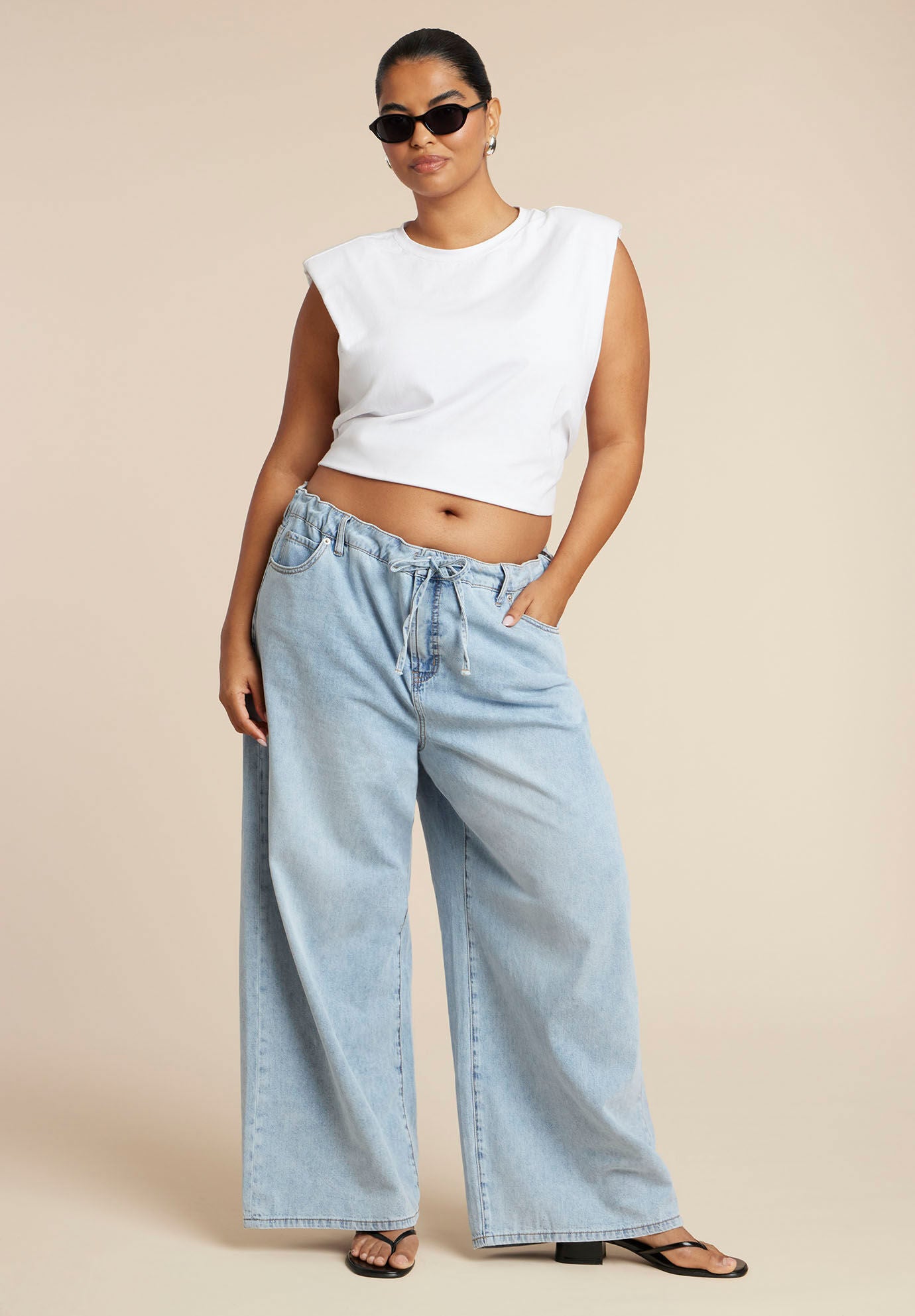 Drawstring Waist Lightweight Jean, LIGHT WASH, hi-res image number 0