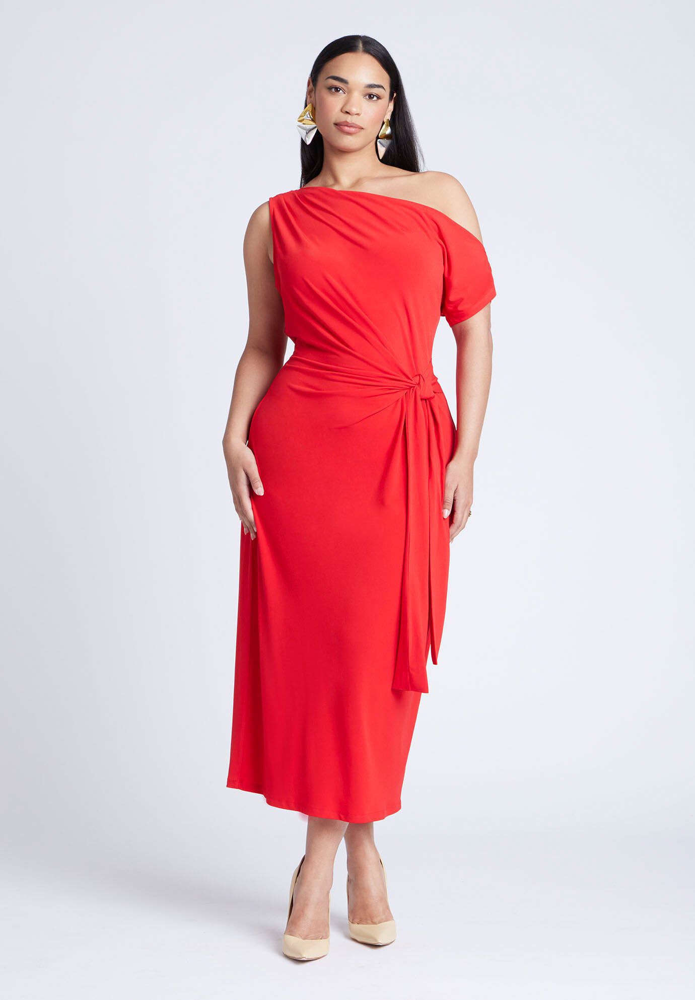 Off The Shoulder Tie Front Midi Dress | Dia & Co