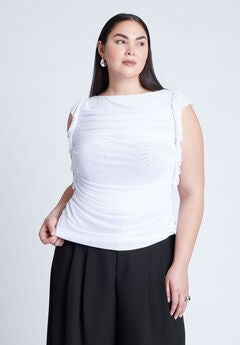 Shirred Mesh Top With Shoulder Flounces