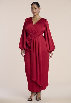 Pleated Satin Puff-Sleeve Maxi Dress