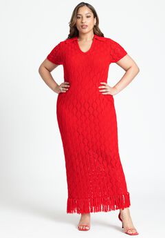Crochet Maxi Dress With Collar & Fringe