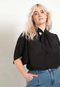 Black Tie Front Top For Curvy Women