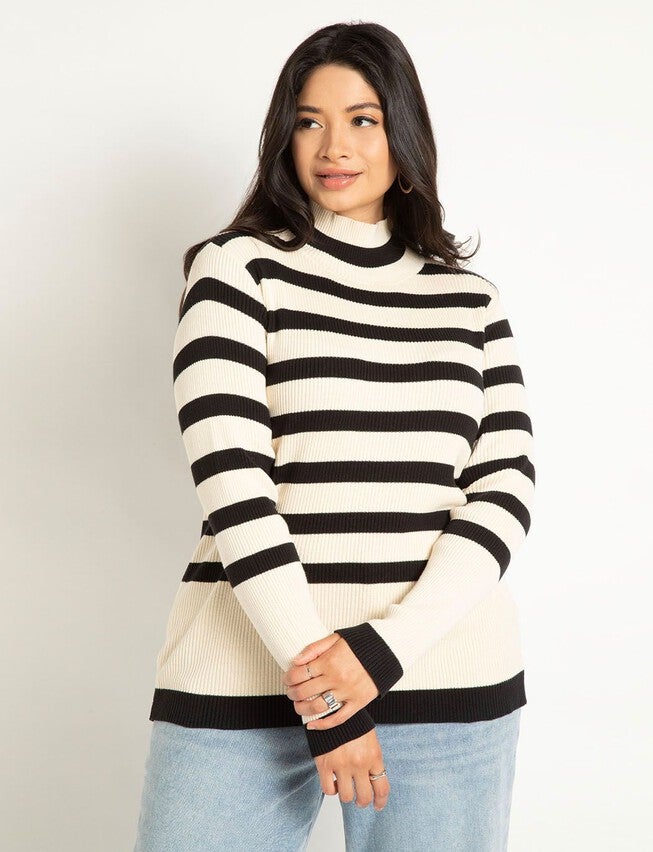 Striped Mock Neck Sweater, BLACK ONYX BUTTER, hi-res image number null