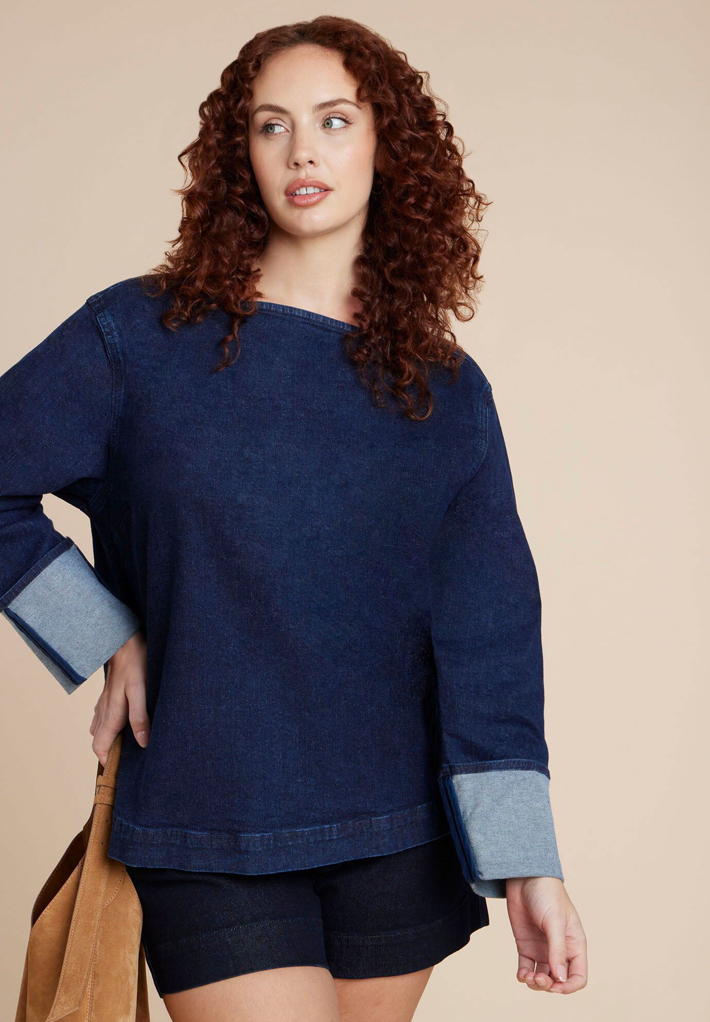 Cuffed Sleeve Denim Top, DARK WASH, hi-res image number 0