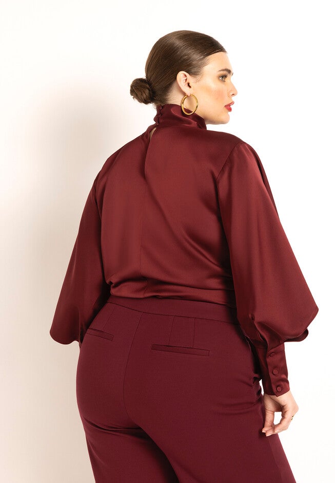 Draped Neck Satin Blouse, ZINFANDEL, on-hover image number 1