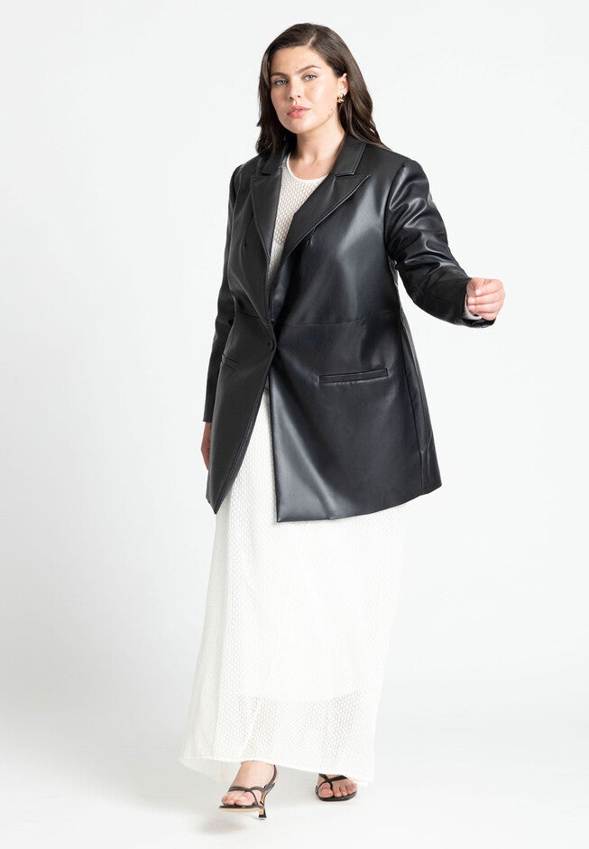 Sleek Faux Leather Blazer, BLACK, alternate image number null