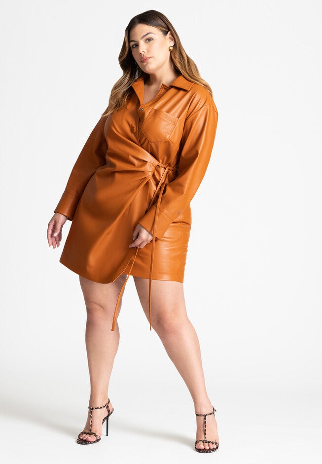 Faux Leather Wrap Detail Shirt Dress, UMBER, alternate image number null