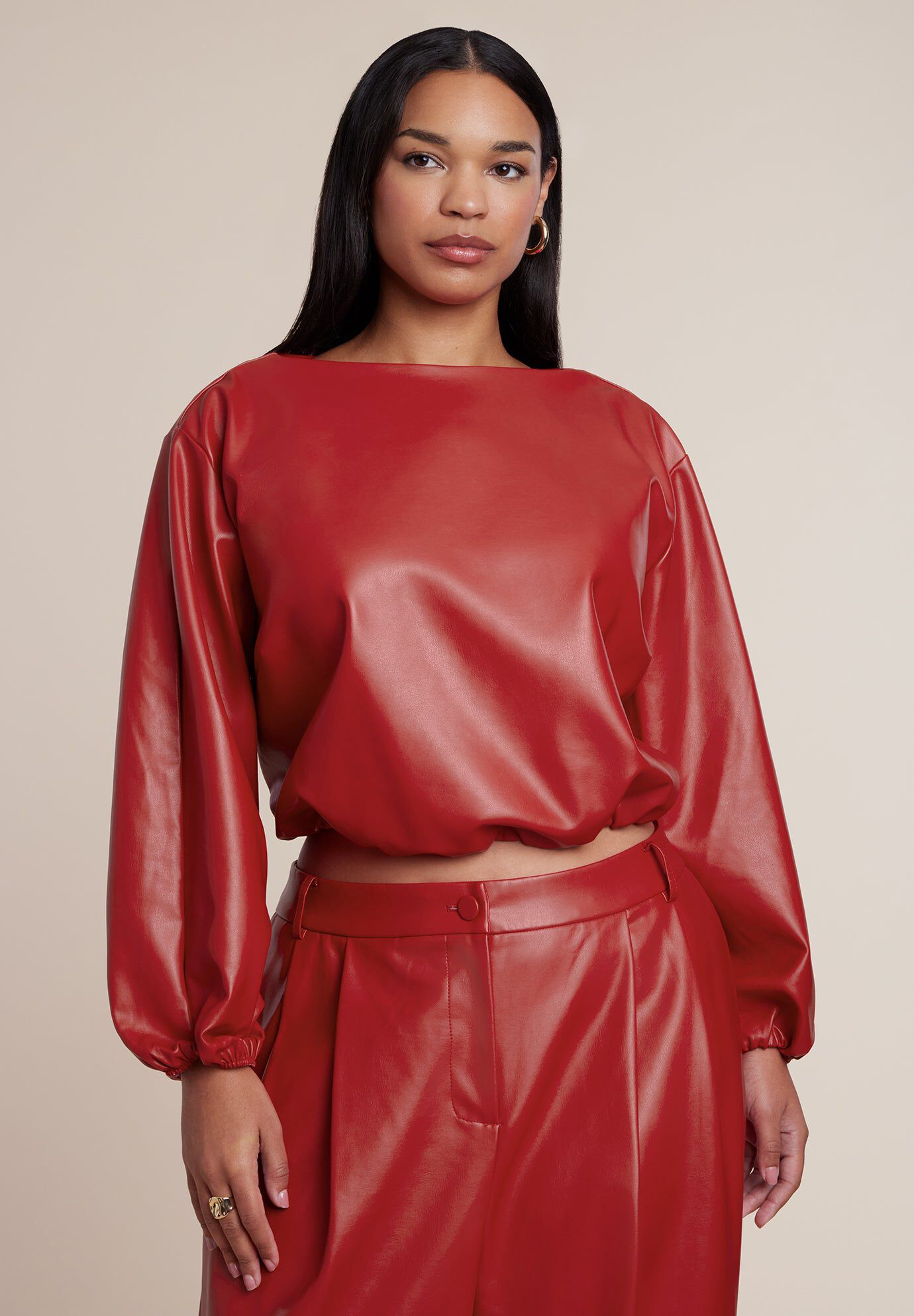 Faux Leather Wide-Sleeve Cropped Top
