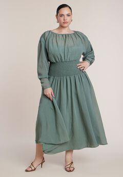 Dramatic Sleeve Smocked Midi Dress