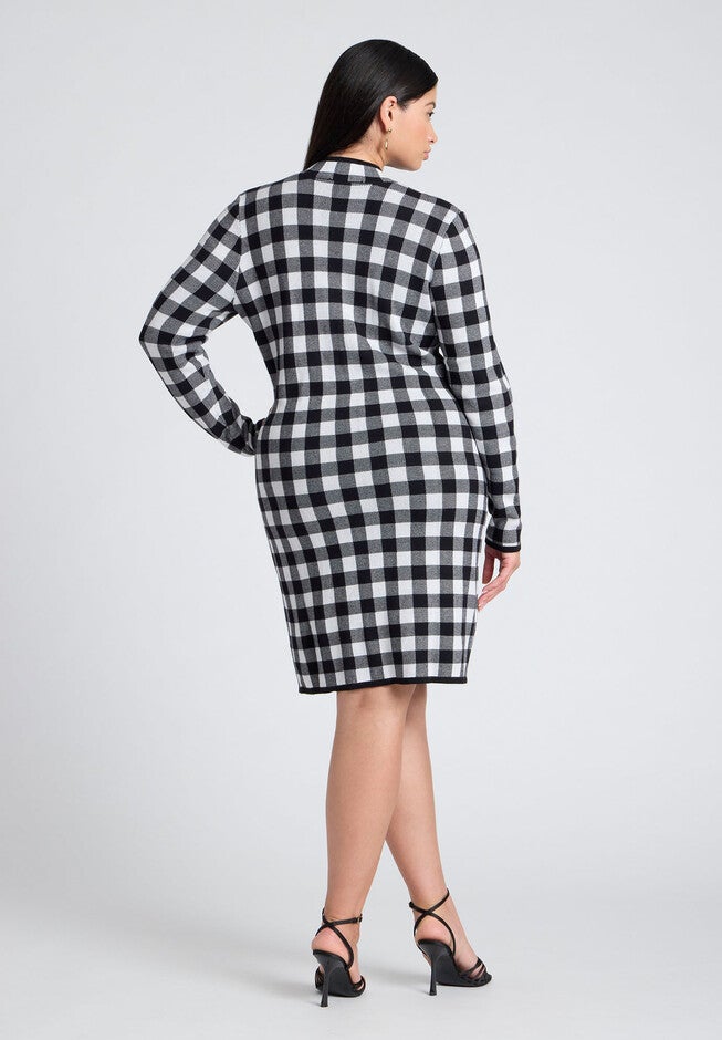 Intarsia Long Sleeve Drees, BLACK AND WHITE GINGHAM, alternate image number null