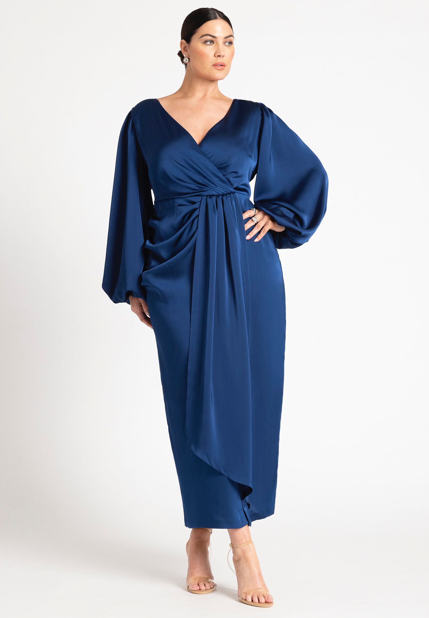Satin Puff Sleeve Pleated Dress﻿