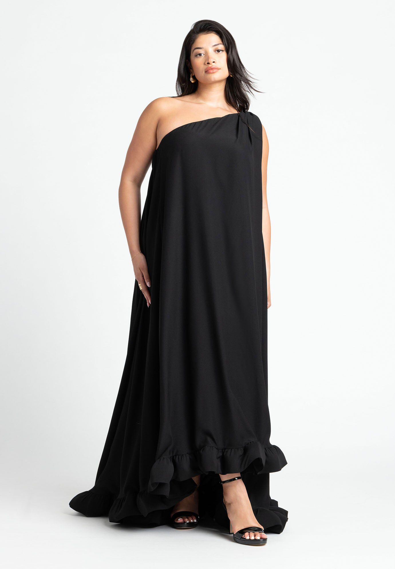Dramatic One-Shoulder Ruffle Gown