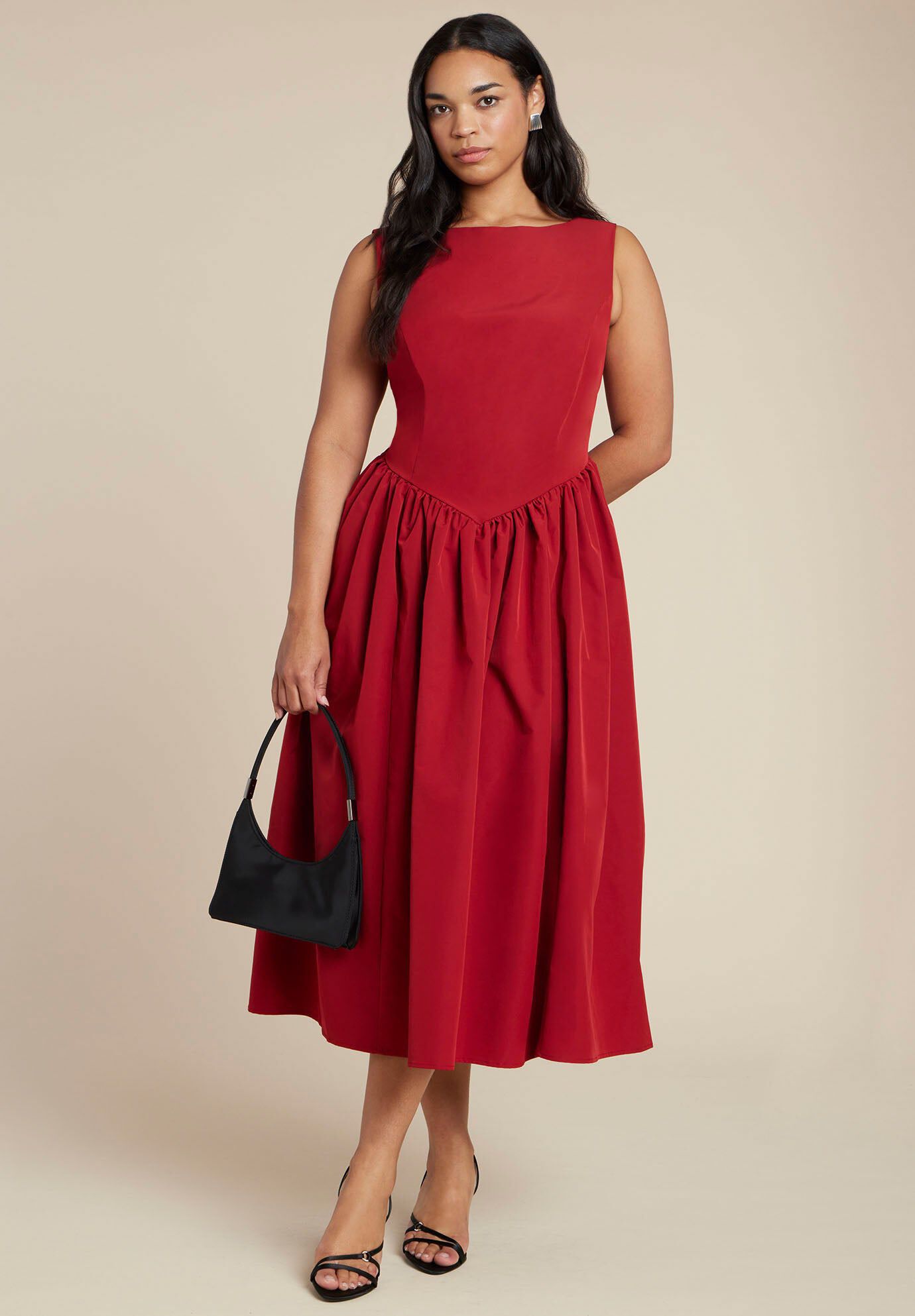 Boat Neck Flare Midi Dress, RED DAHLIA, hi-res image number 0
