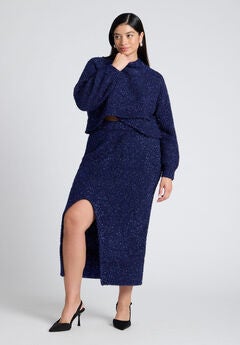 Metallic Sweater Skirt With Slit