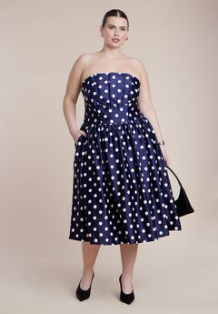 Strapless Polka Dot Flare Midi Dress
