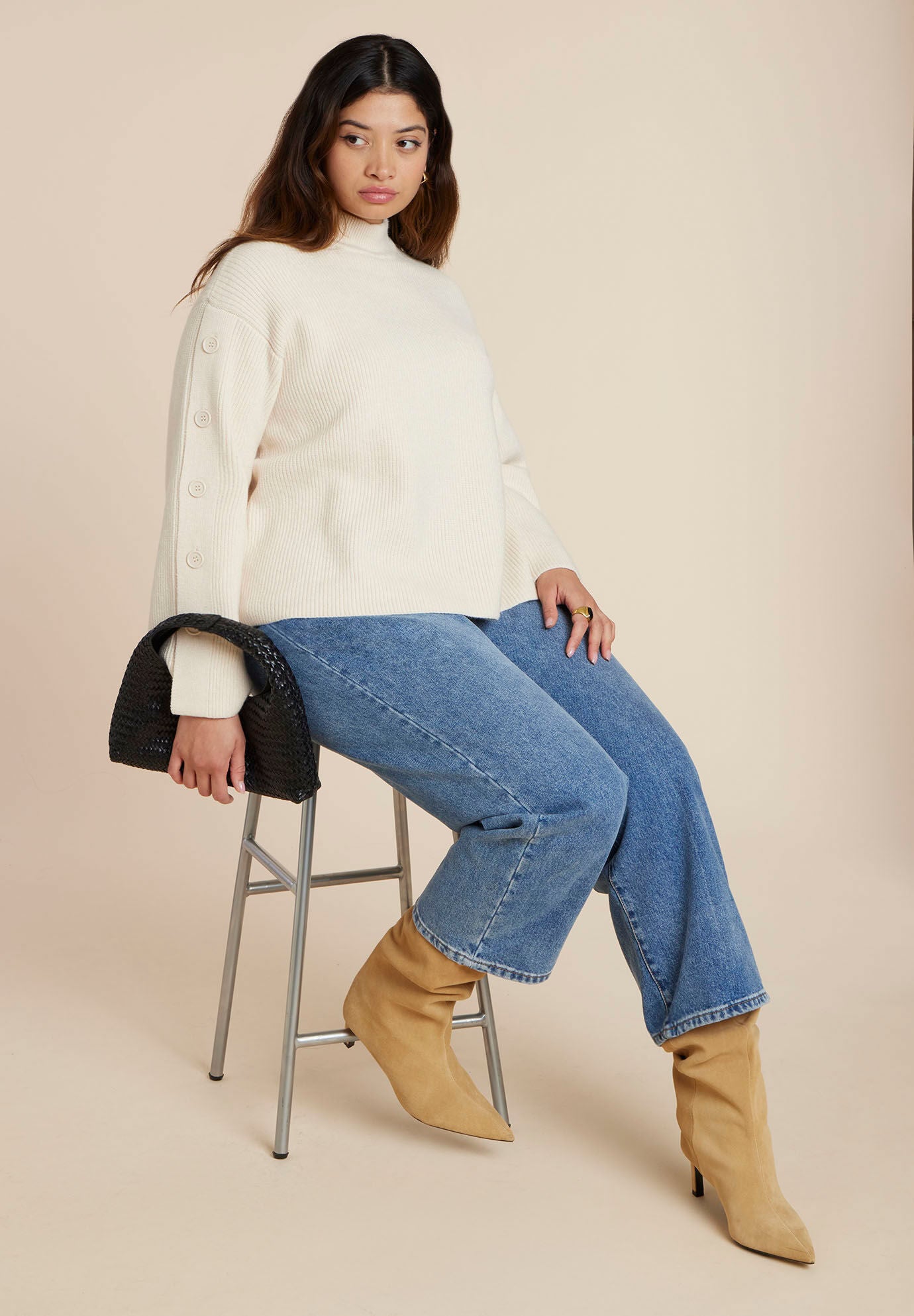  Buttoned Sleeve Sweater, BUTTERCREAM, alternate image number 2