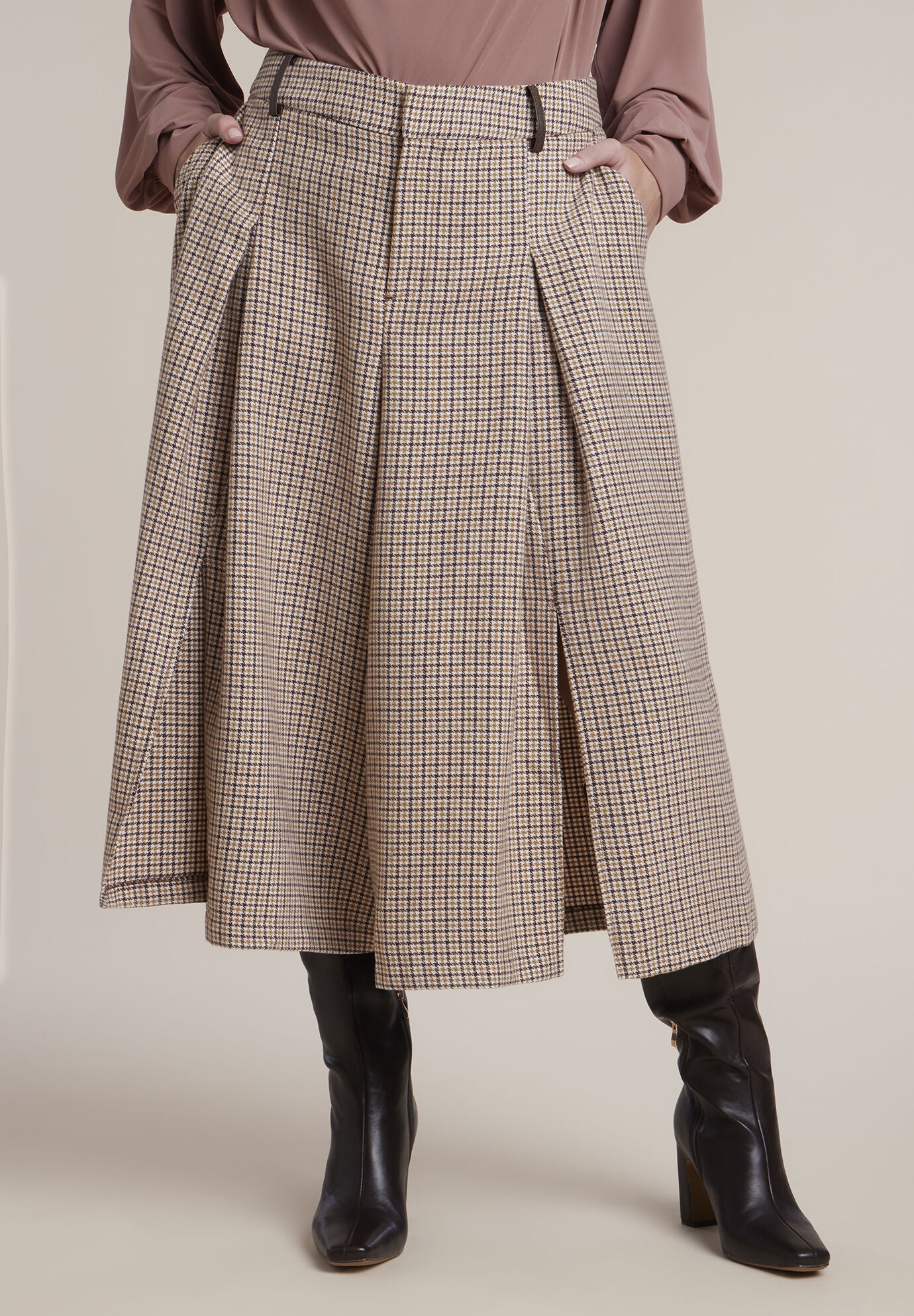 Pleated Houndstooth Wide-Leg Culotte, PLAID, on-hover image number 1