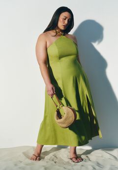 Bead Detail Linen Halter Midi Dress