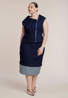 Cuffed Hem Stretch Denim Column Midi Skirt