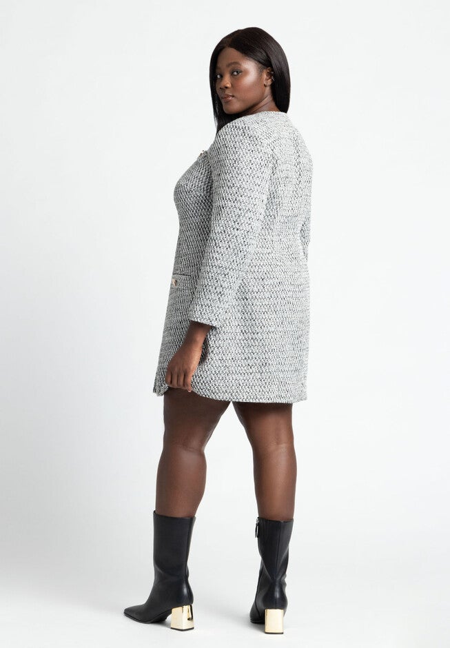 Tweed Long Sleeve Mini Dress, BLACK WHITE, alternate image number null
