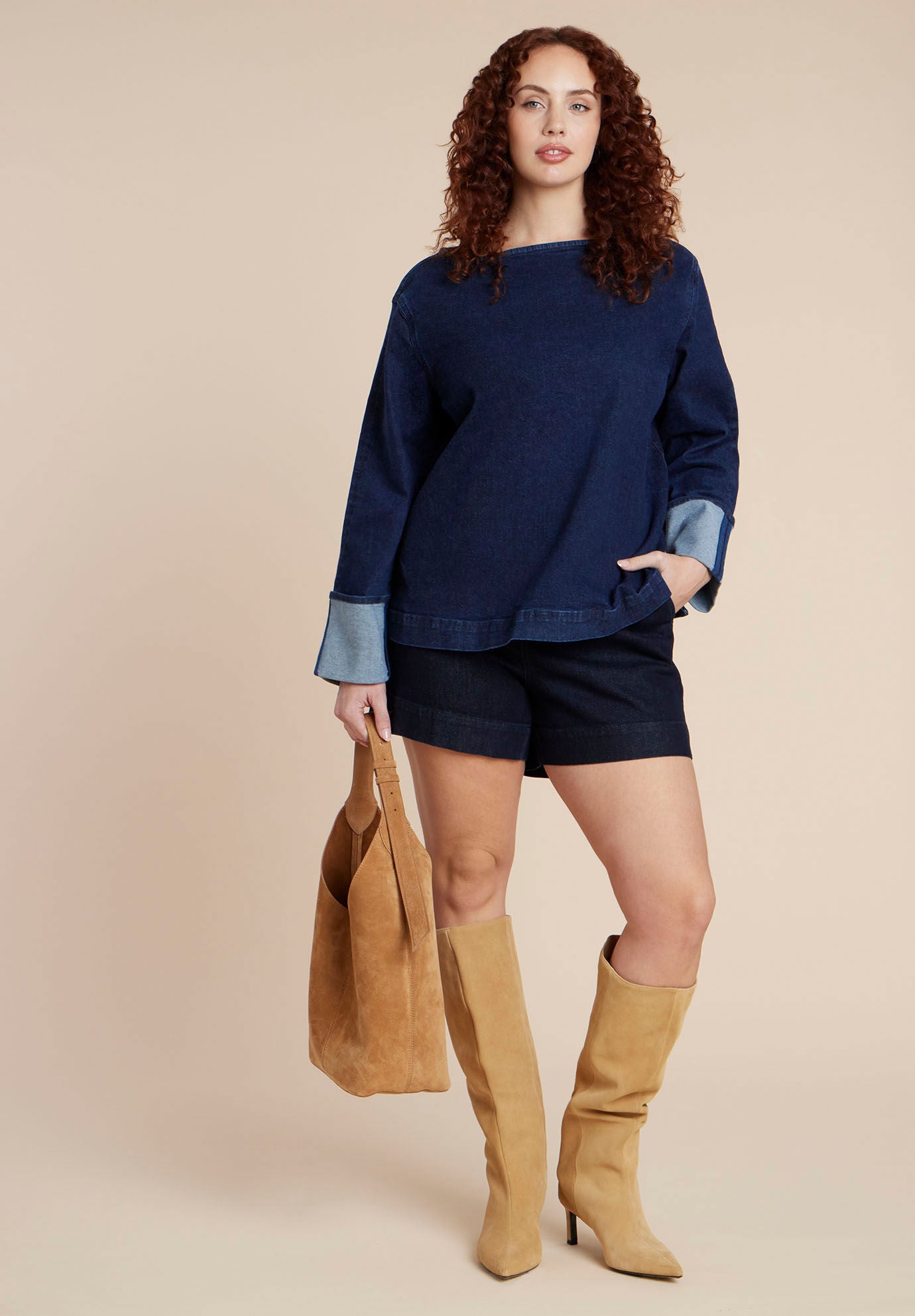 Cuffed Sleeve Denim Top, DARK WASH, alternate image number 3