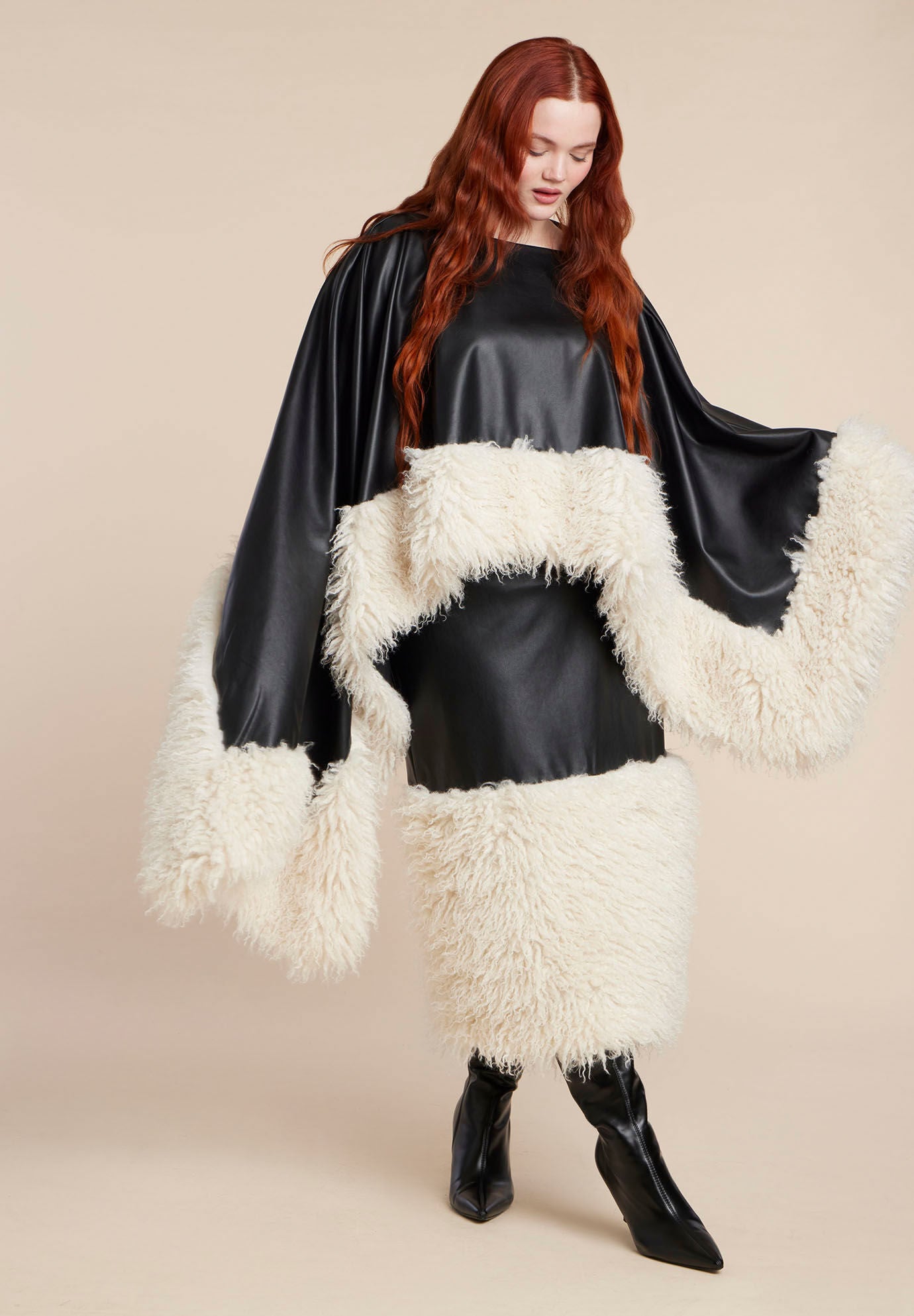 Faux Leather Skirt With Faux Fur Trim, BLACK AND CREAM, alternate image number 2