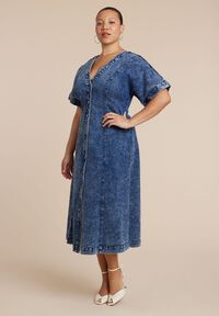 slim fit dress slacks Standards & Practices Flounce Flare Sleeve Shift Dress (Tencel Denim) -  Sharon main image 1