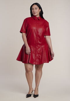 Perforated Faux Leather Mini Shirt Dress