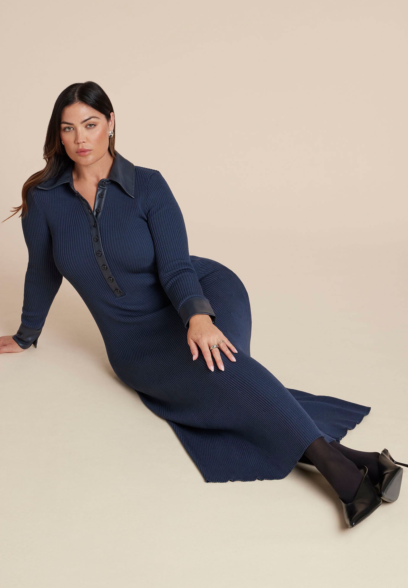  Faux Leather Detail Sweater Dress, NAVY, on-hover image number 1