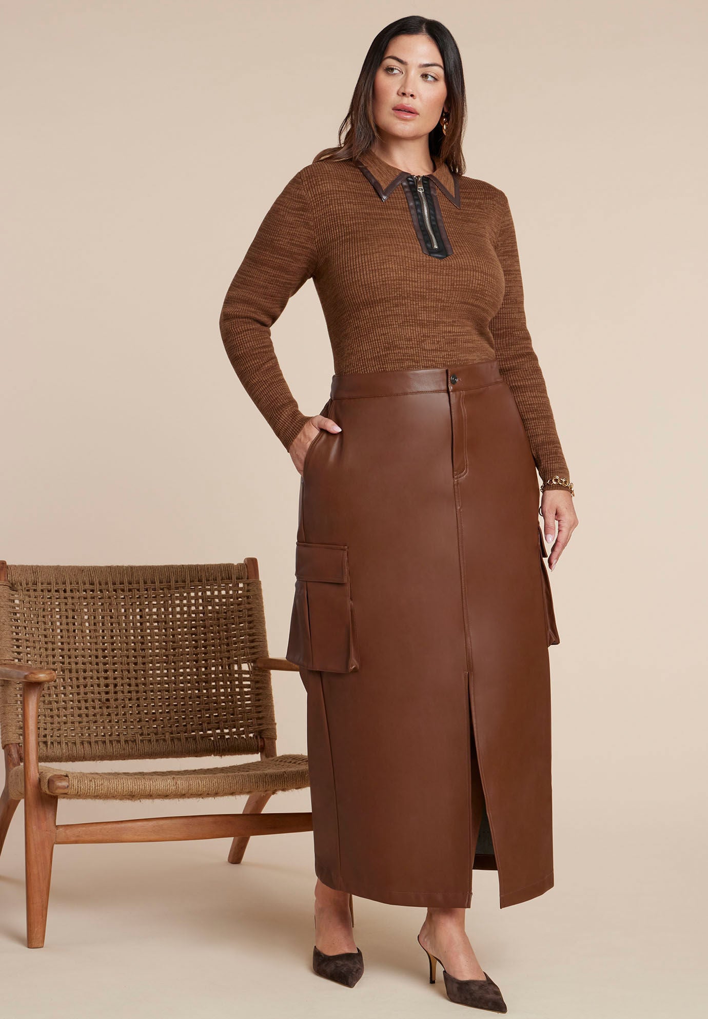 Maxi Cargo Faux Leather Skirt, POTTING SOIL, hi-res image number 0