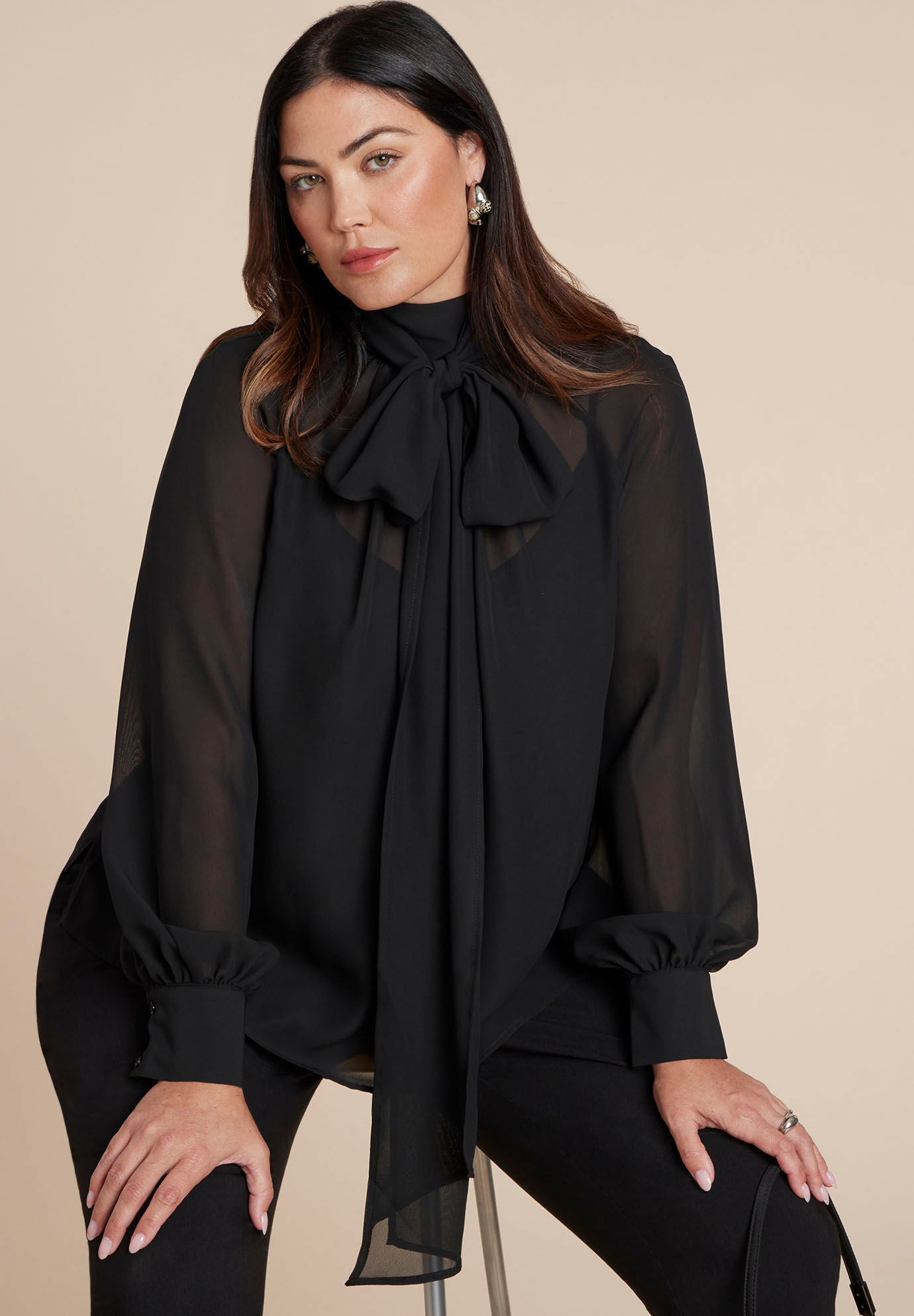 Sheer Neck Tie Blouse, BLACK ONYX, hi-res image number 0