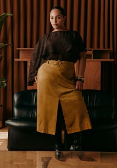 Belted Faux Suede Midi Skirt