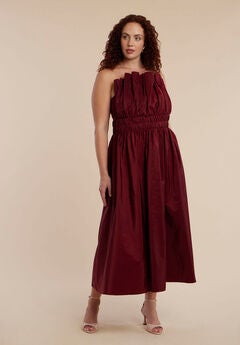 Pleated Ruffle Neckline Midi Dress