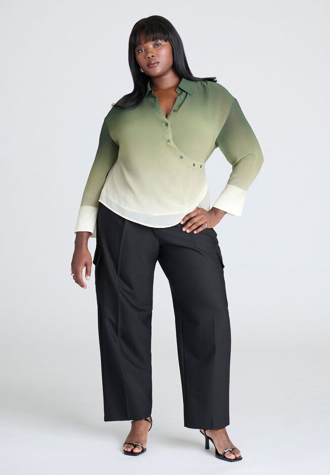 Ombre Wrap Button Down Top, GREEN OMBRE, alternate image number null
