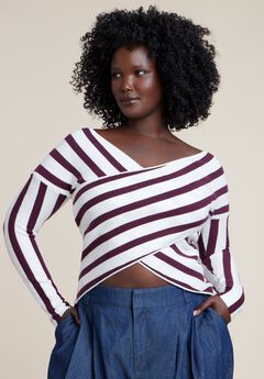 Striped Wrap Front Cropped Sweater