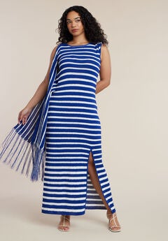 Fringe Detail Striped Knit Maxi Dress
