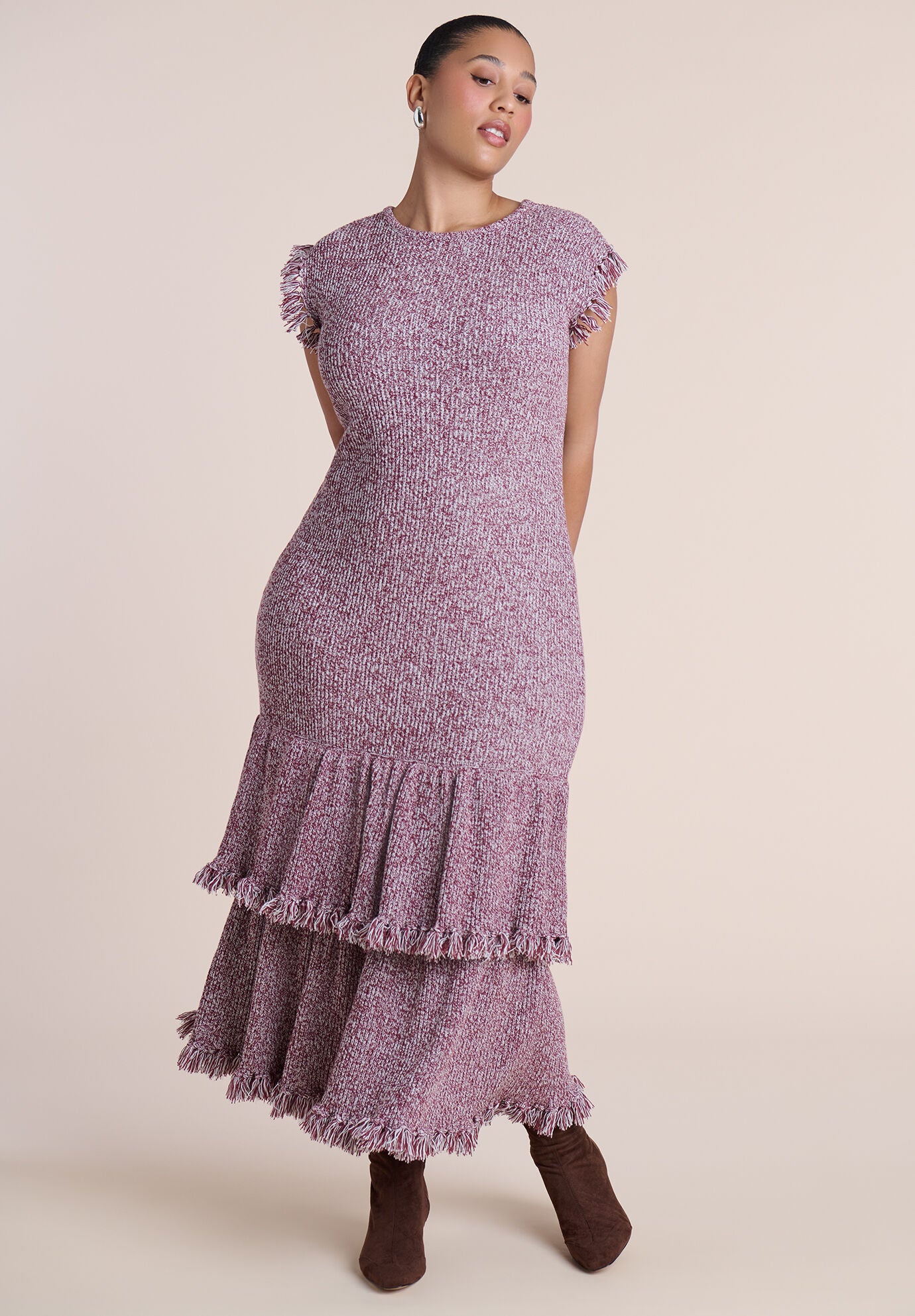 Frayed Ruffle Sweater Maxi Dress, RUSTY MARL, on-hover image number 1