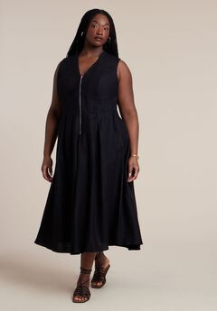 Zipper Detail Linen Maxi Dress