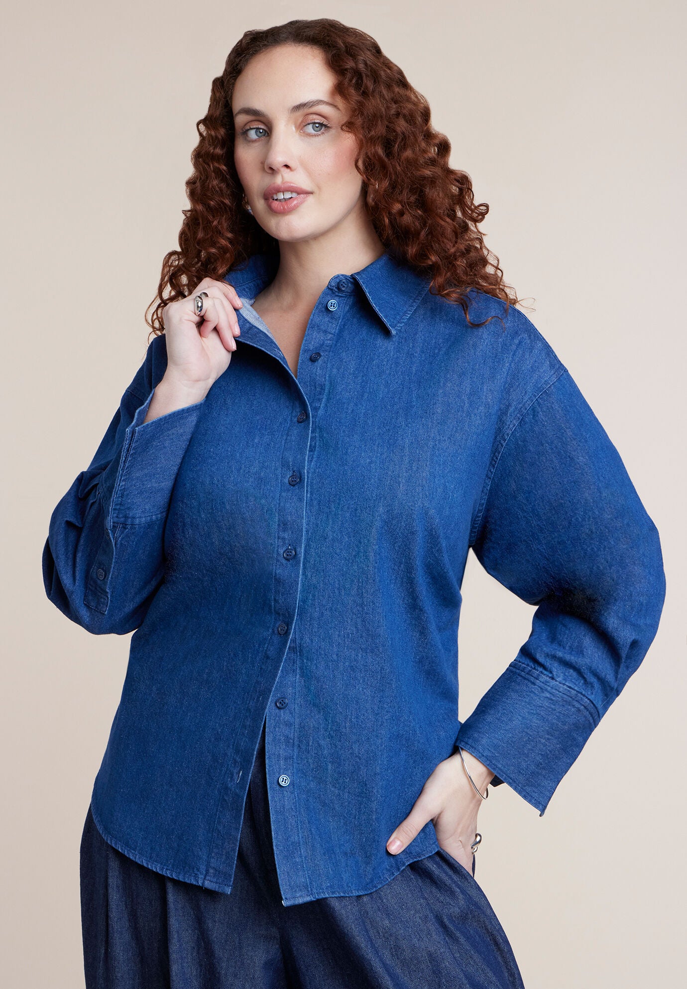 Tie-Back Chambray Button Up Top, DARK WASH, on-hover image number 1