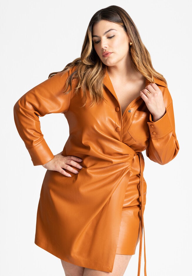 Faux Leather Wrap Detail Shirt Dress, UMBER, alternate image number null
