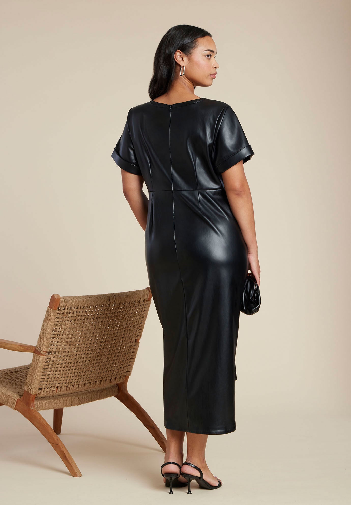 Faux Leather Tie Detail Dress, BLACK ONYX, alternate image number 3