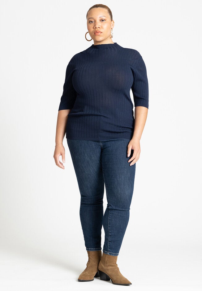 Sleek Funnel Neck Elbow Sleeve Sweater, NAVAL BLUE, alternate image number null